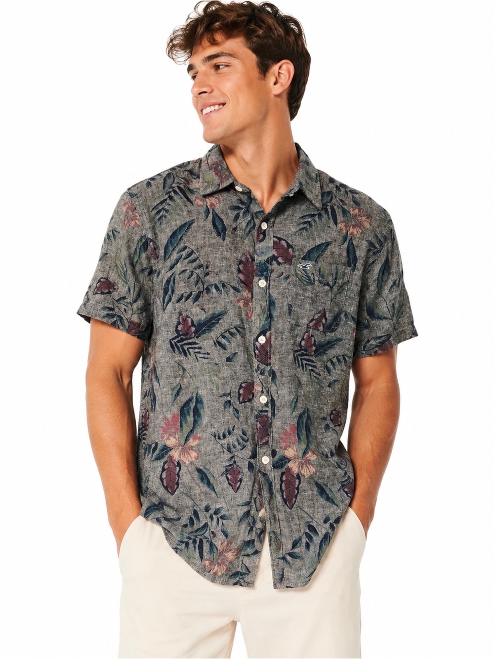Hollister Men’s M 100% Linen Floral Short Sleeve Button Up Shirt